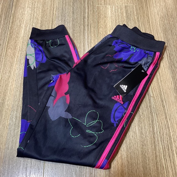 Adidas Girls Floral Print Track Pants Medium M 10/12 Black Pink NWT - Picture 1 of 9